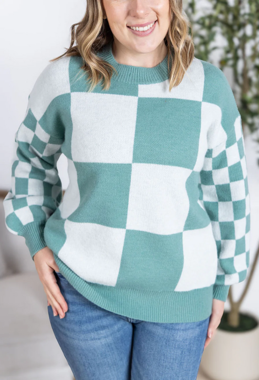 Checkered Pullover Sweater - Dusty Jade