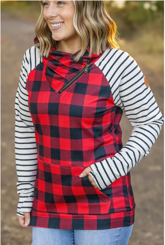 12.02 ARRIVAL EN ROUTE Zoey ZipCowl - Buffalo Plaid and Oatmeal Stripes