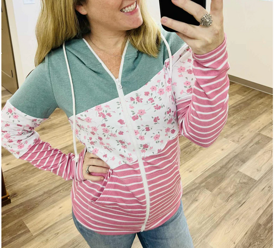 PREBOOK Colorblock Fullzip - Sage, Pretty in Pink Floral, and Stripes
