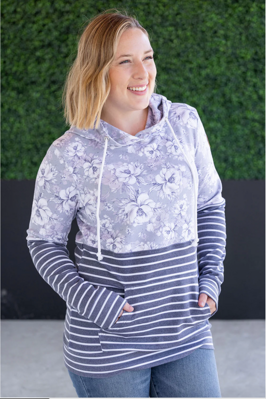 Hailey Pullover Hoodie - Vintage Grey Floral and Stripes