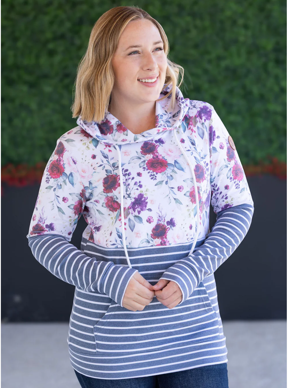 Hailey Pullover Hoodie - Burgundy Bloom and Grey Stripes