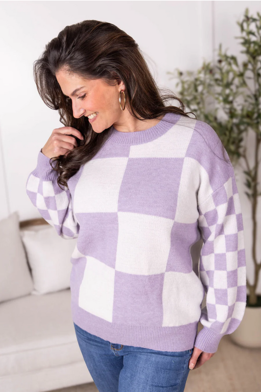 Checkered Pullover Sweater - Lavender